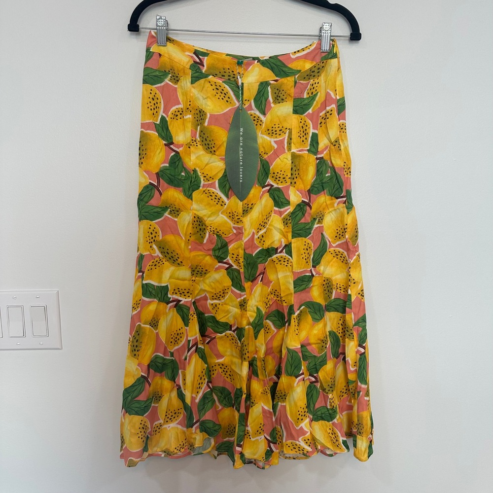 Farm Rio Fresh Lemons Midi Skirt Small NWT $165 Bright Vacation Fruit Novelty